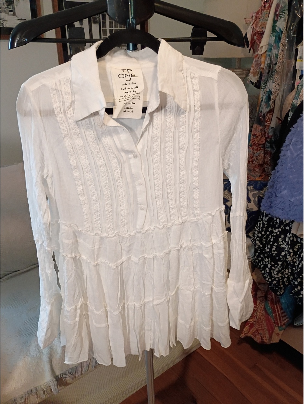FP One White Cotton Long Sleeve Blouse Small